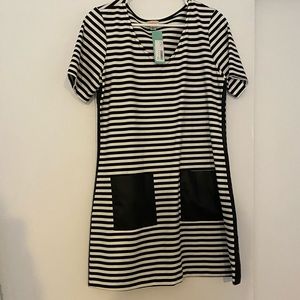 Black and white striped V-neck dress.